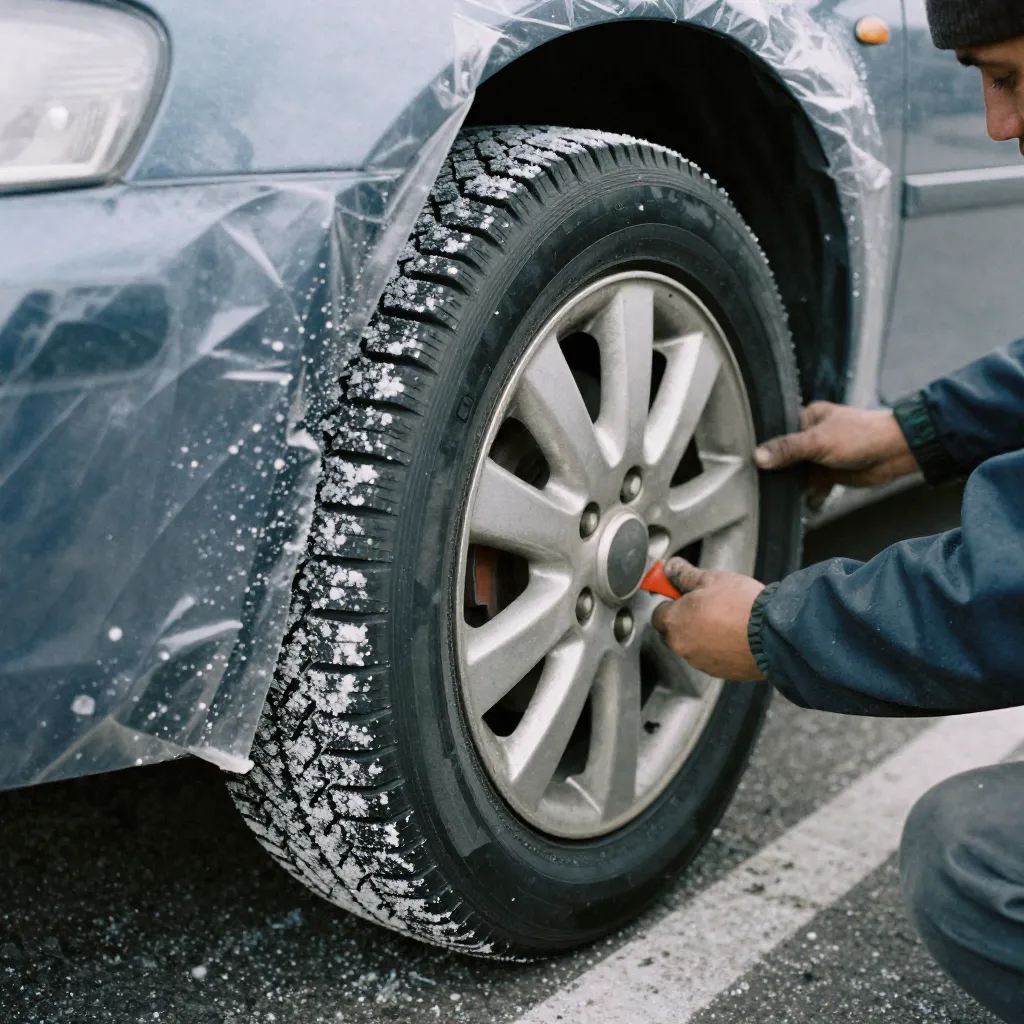 Close-up view of winter tire studs